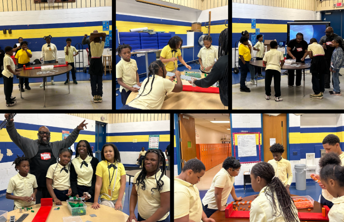 collage of pictures of groups of students standing around a table working on building their bridges, one group is posing